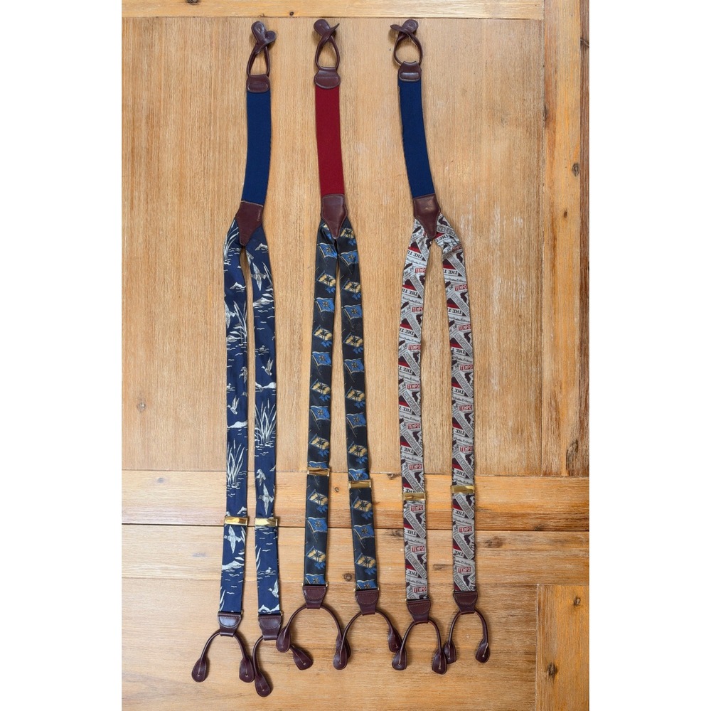VTG Barrons Hunter Mens XL Braces Suspenders Lot 3 Duck Flag Newspaper 48in